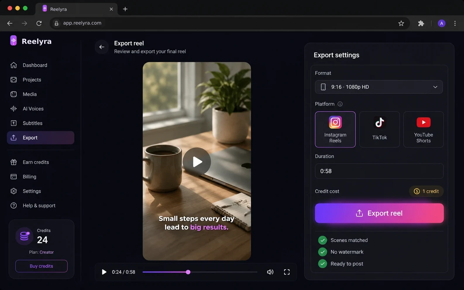 One click to export for Reels, TikTok or Shorts