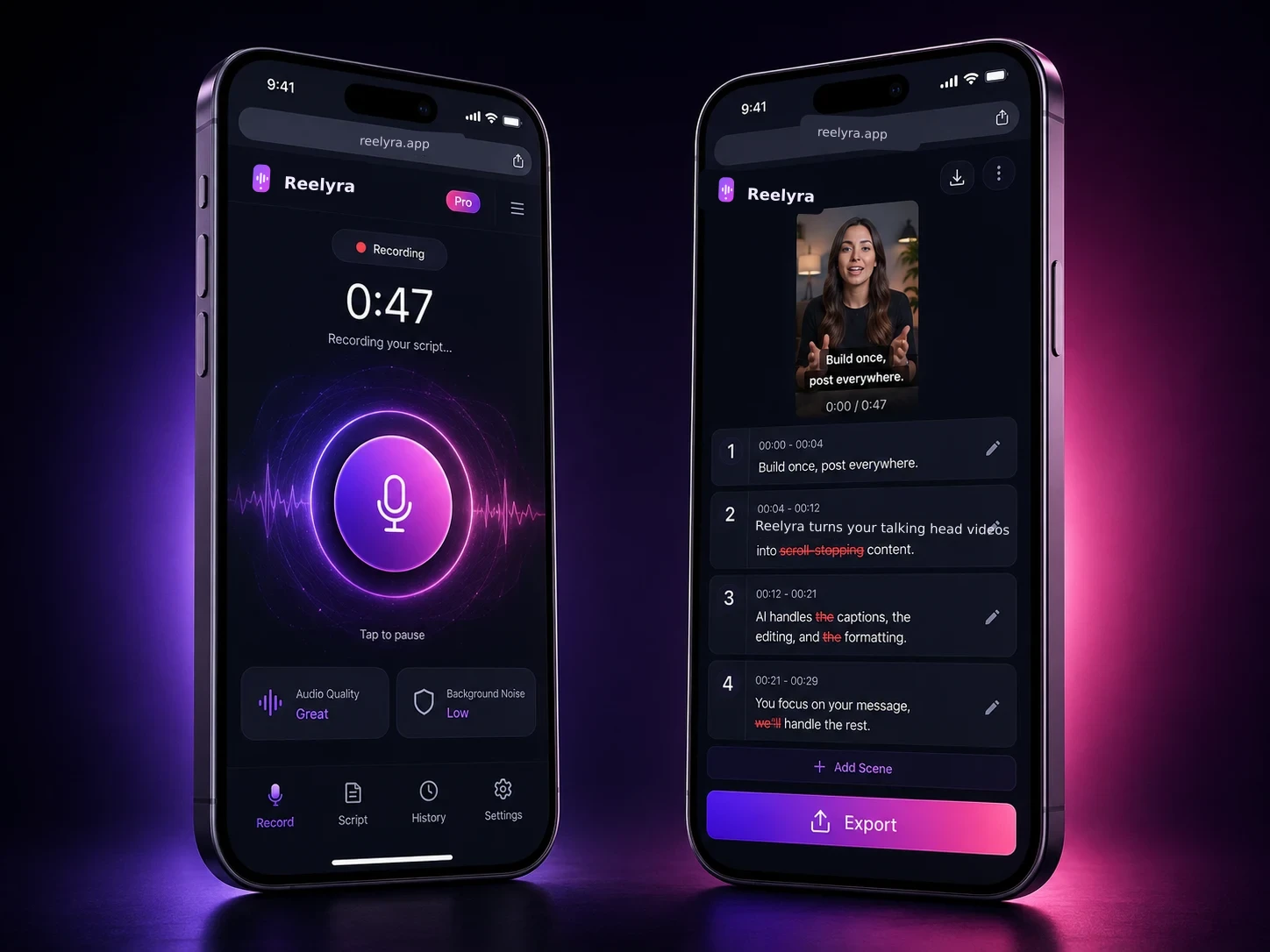 Reelyra on mobile β recording a voice memo and editing the transcript into scenes